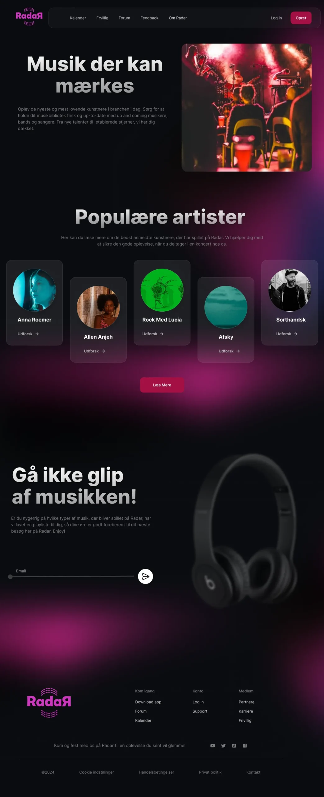 Forsiden af RadaR – digital platform for musikoplevelser i Aarhus
